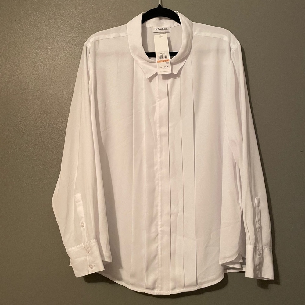 NWT Calvin Klein Sz 2X Womens White Collared Pleated Long Sleeve Blouse Top $109